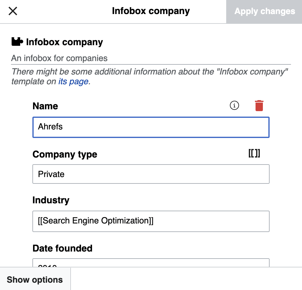[Screenshot of the Wikipedia editor showing the Infobox company template with fields filled in]
