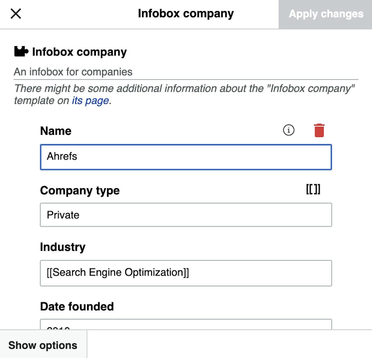 [Screenshot of the Wikipedia editor showing the Infobox company template with fields filled in]