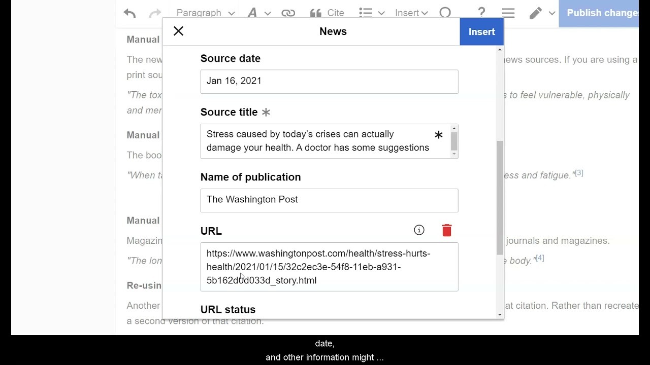 [Screenshot of the Wikipedia citation generator showing auto-populated citation fields from a URL]