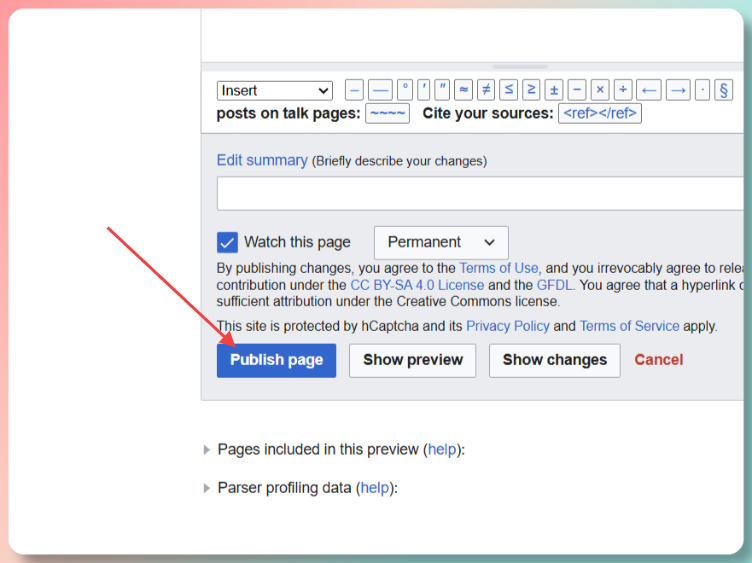 [Screenshot of the Wikipedia publish page with the &ldquo;Watch this page&rdquo; checkbox highlighted]