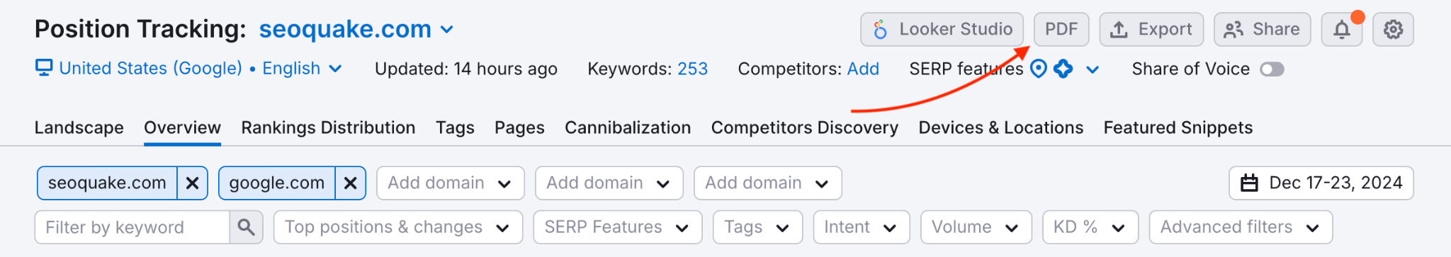 [Screenshot: SEMrush Position Tracking report showing branded PDF export options and scheduling interface]