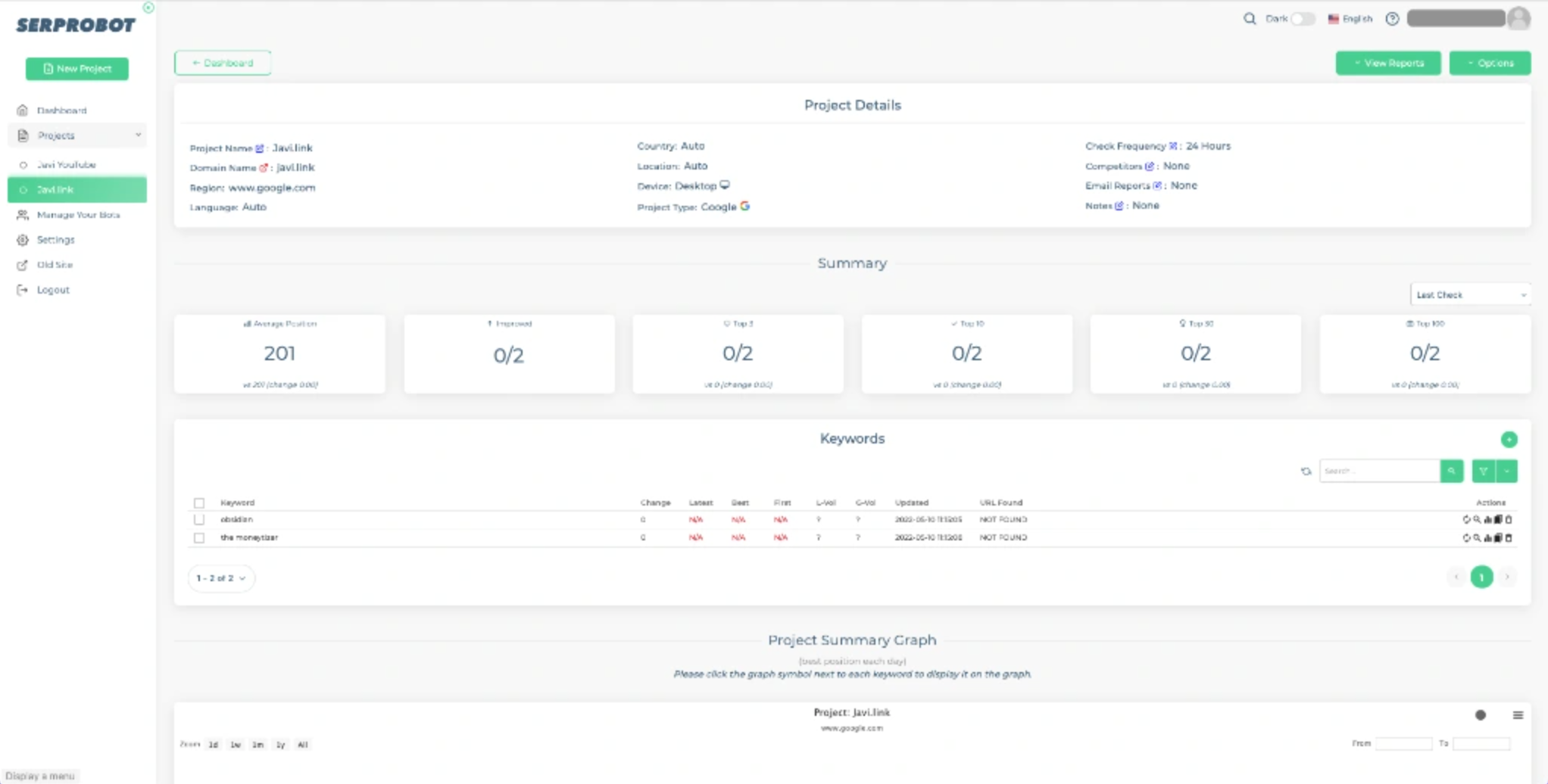 [Screenshot: SERPRobot interface showing free keyword rank checking with daily automated updates]
