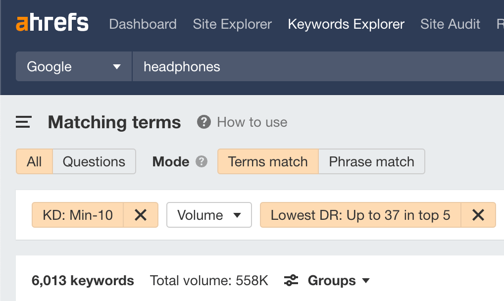 [Screenshot: Keyword research tool showing low-KD keywords with DR filter applied, displaying results like &ldquo;ski helmet headphones&rdquo; with low-DR sites ranking #1]