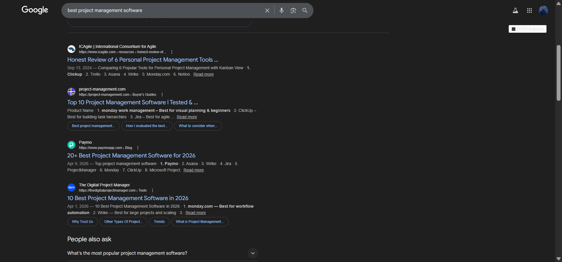 [Screenshot: Google SERP for &ldquo;best project management software&rdquo; showing listicle results from review sites, indicating comparison/list intent]