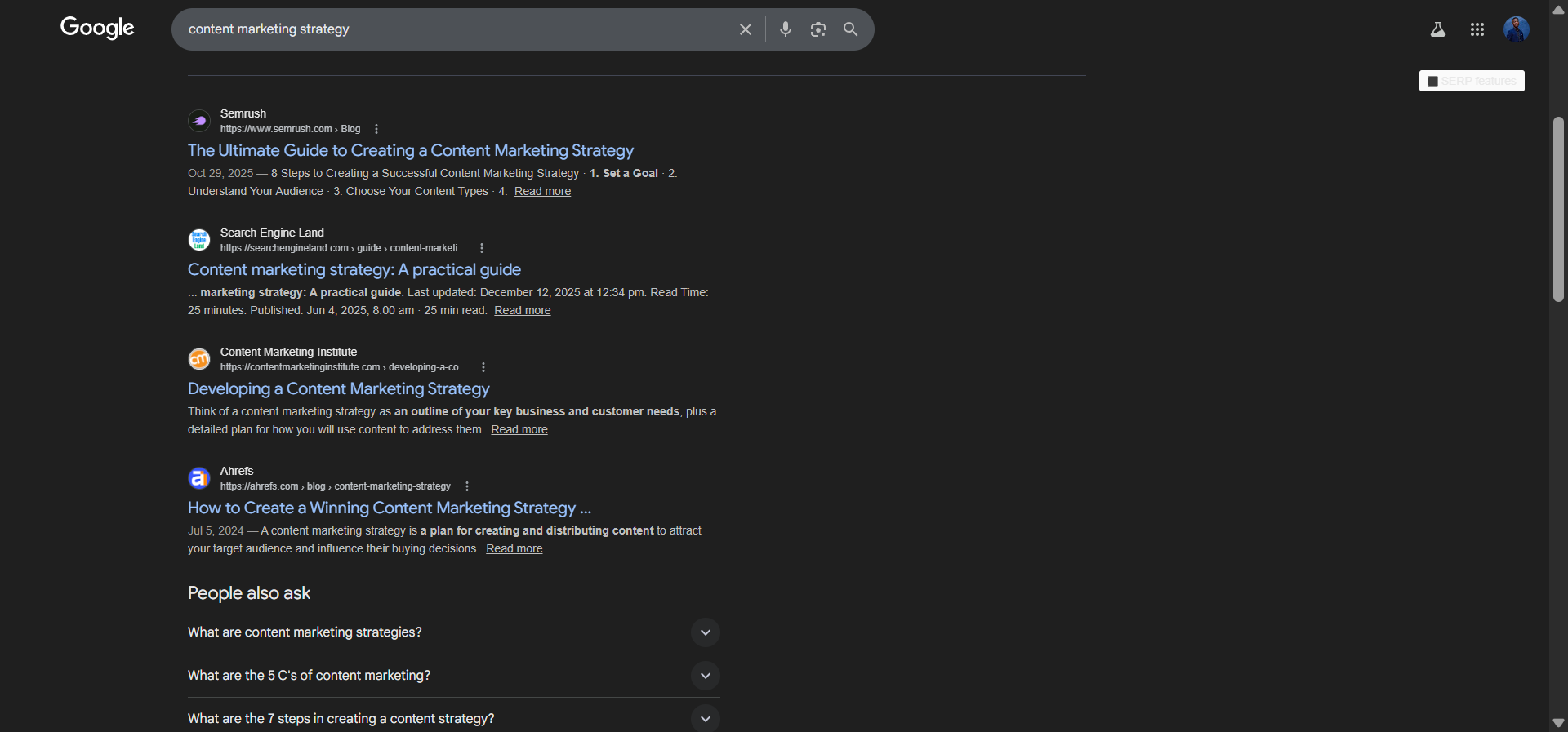 [Screenshot: Google site search showing pages on a domain that mention &ldquo;content marketing strategy&rdquo; but don&rsquo;t link to the main content marketing strategy page]