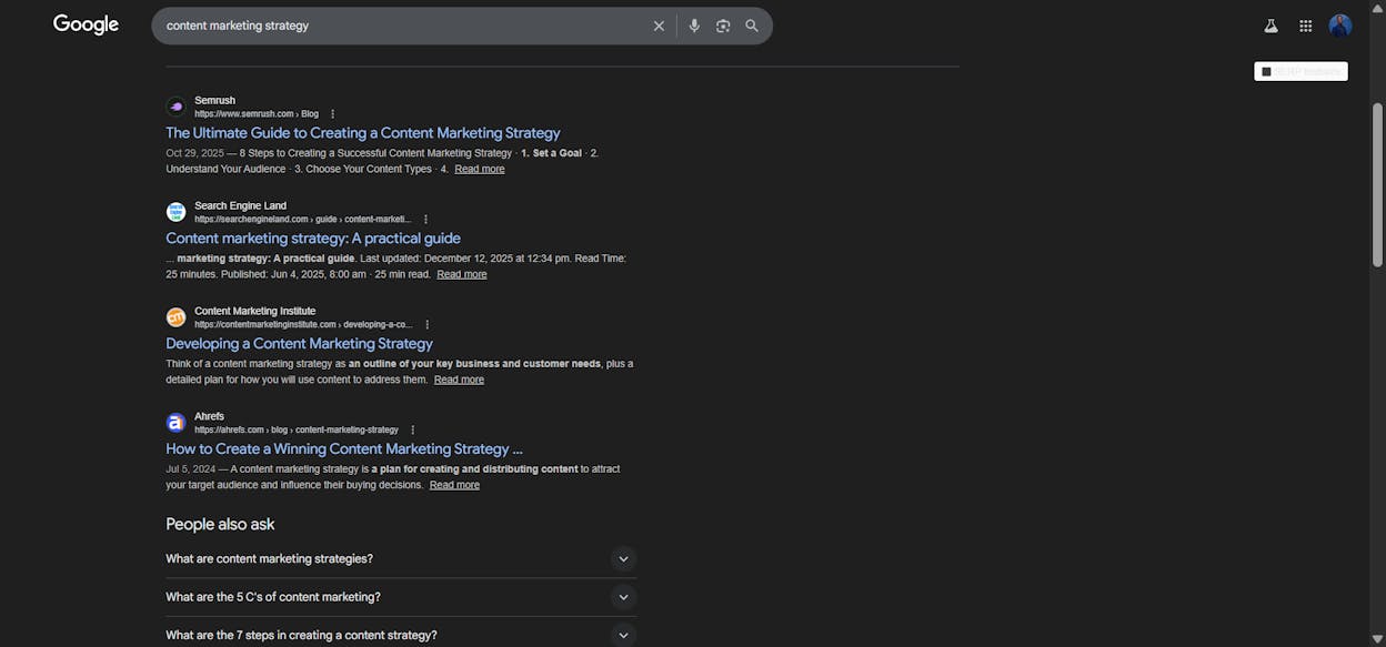 [Screenshot: Google site search showing pages on a domain that mention &ldquo;content marketing strategy&rdquo; but don&rsquo;t link to the main content marketing strategy page]