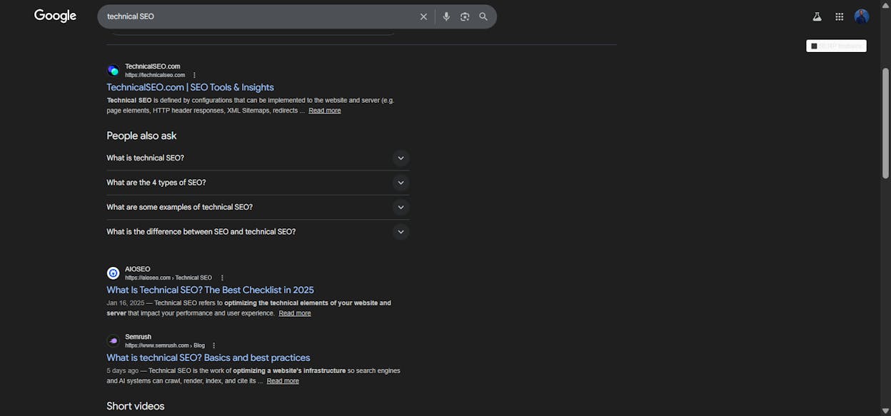 [Screenshot: Google &ldquo;People Also Ask&rdquo; section for &ldquo;technical SEO&rdquo; showing questions like &ldquo;What is technical SEO and why is it important?&rdquo; and &ldquo;How do I do a technical SEO audit?&rdquo;]
