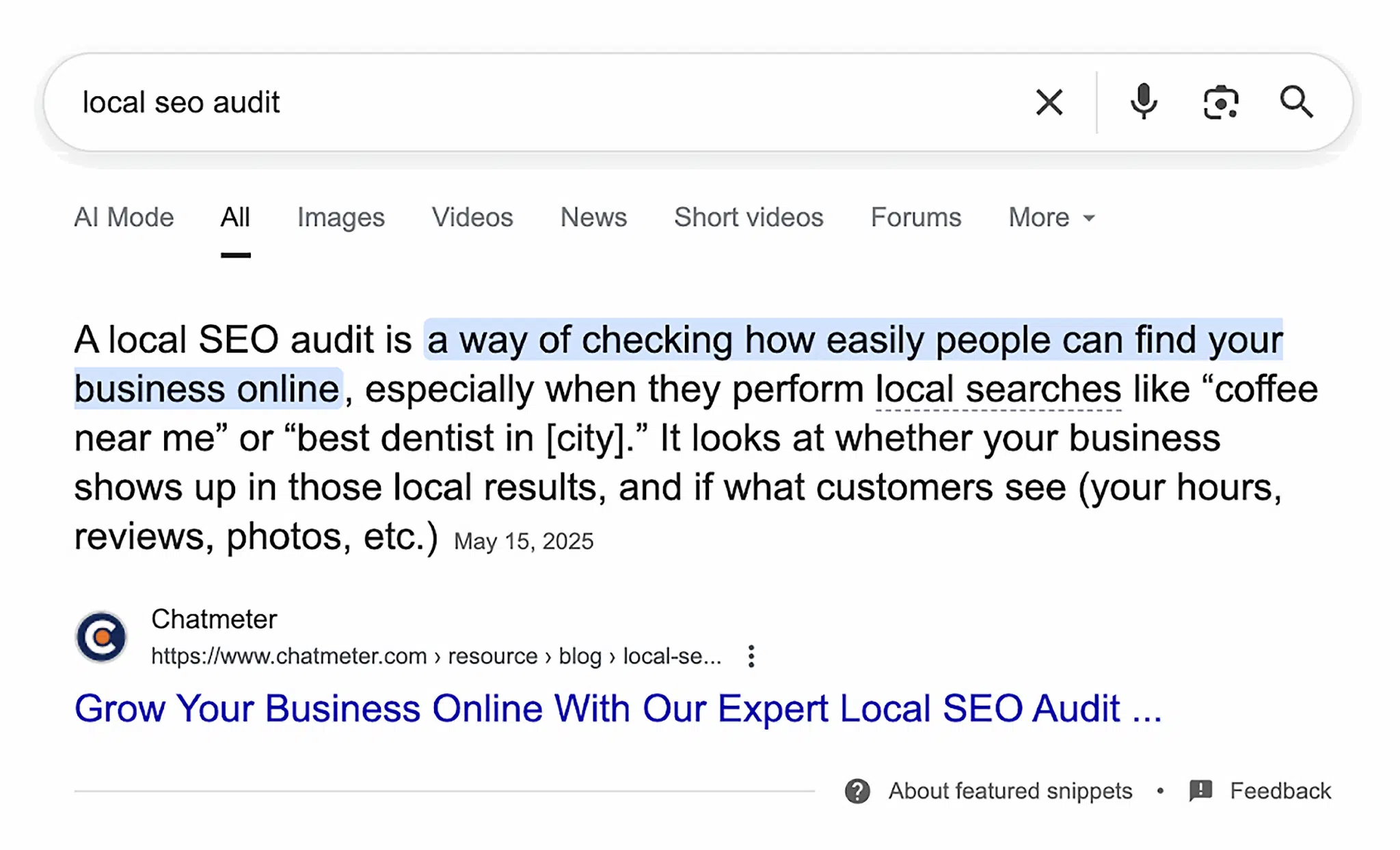 [Screenshot: Google featured snippet for &ldquo;what is domain authority&rdquo; showing a paragraph definition pulled from a ranking page]