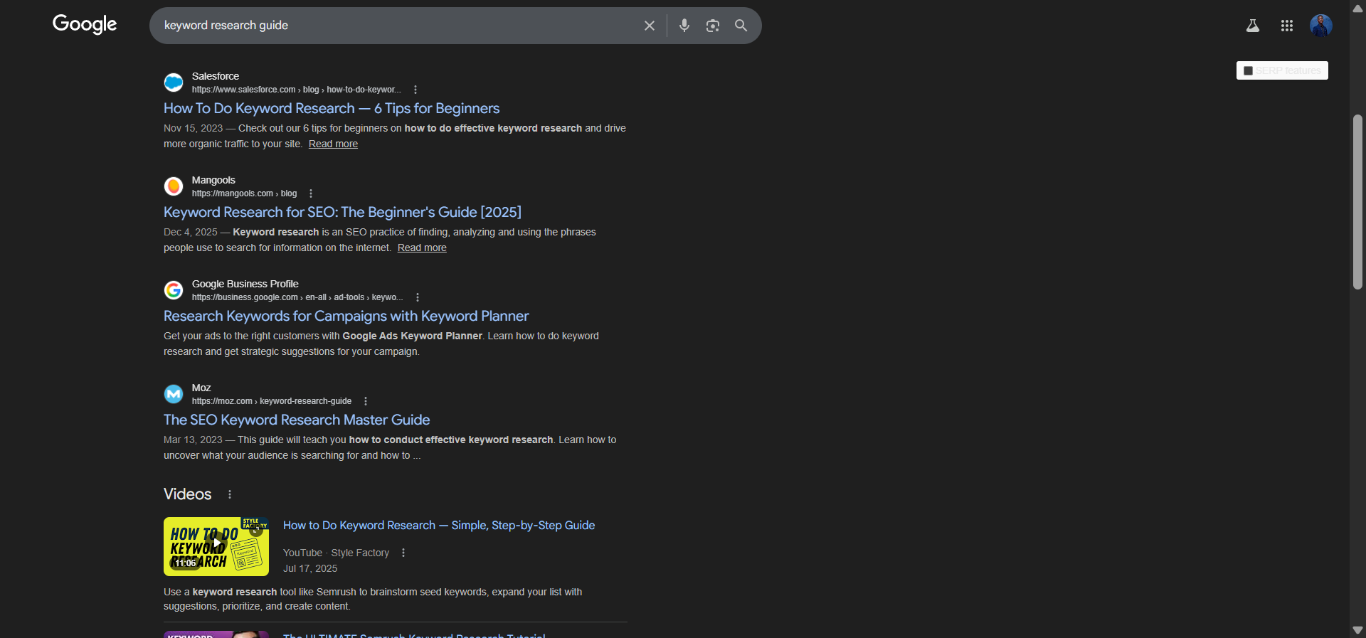 [Screenshot: Google SERP showing three results for &ldquo;keyword research guide&rdquo; with title tags of varying quality, highlighting one with a clear, benefit-driven title that includes the year]
