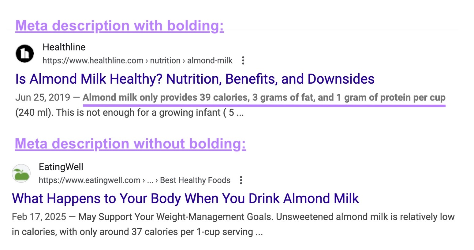 [Screenshot: Google search results showing two competing pages for the same keyword &mdash; one with a generic meta description and one with a specific, benefit-driven description including a number and clear value proposition]