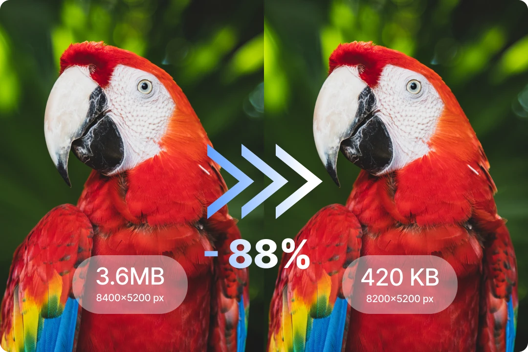 [Screenshot: Before and after comparison of an image file &mdash; original at 1.2MB vs. compressed at 85KB, same visual quality]
