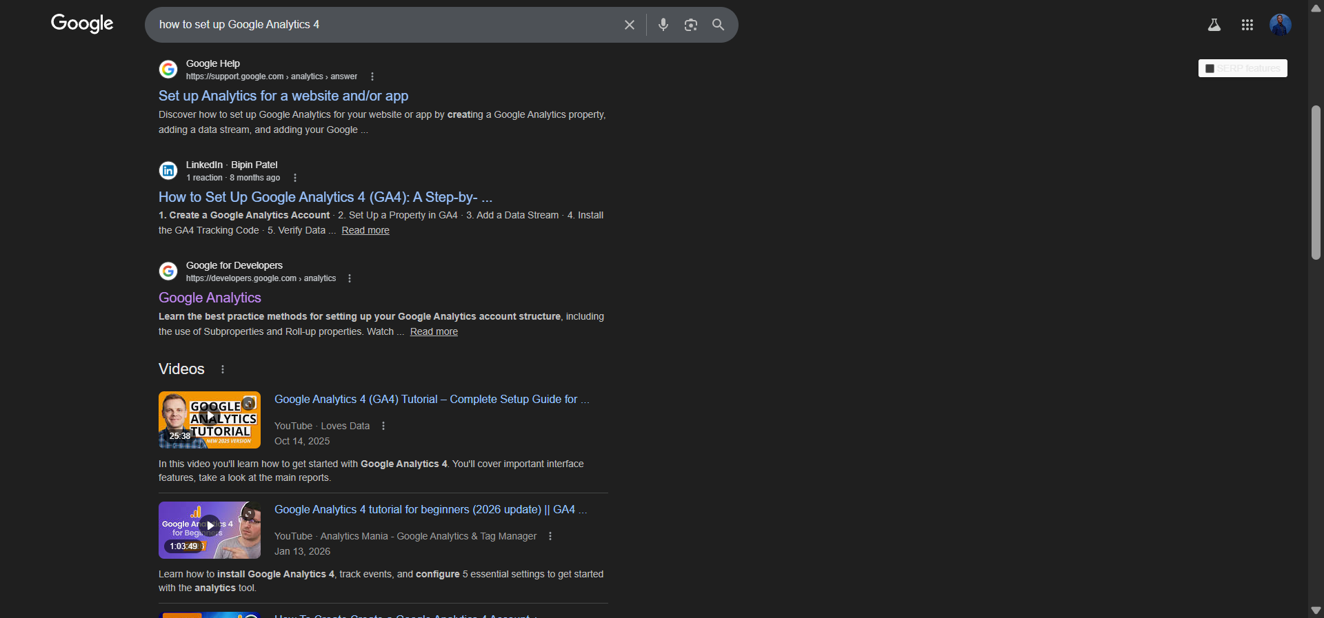 [Screenshot: Google SERP for &ldquo;how to set up Google Analytics 4&rdquo; showing video results from YouTube prominently displayed in a video carousel above organic results]
