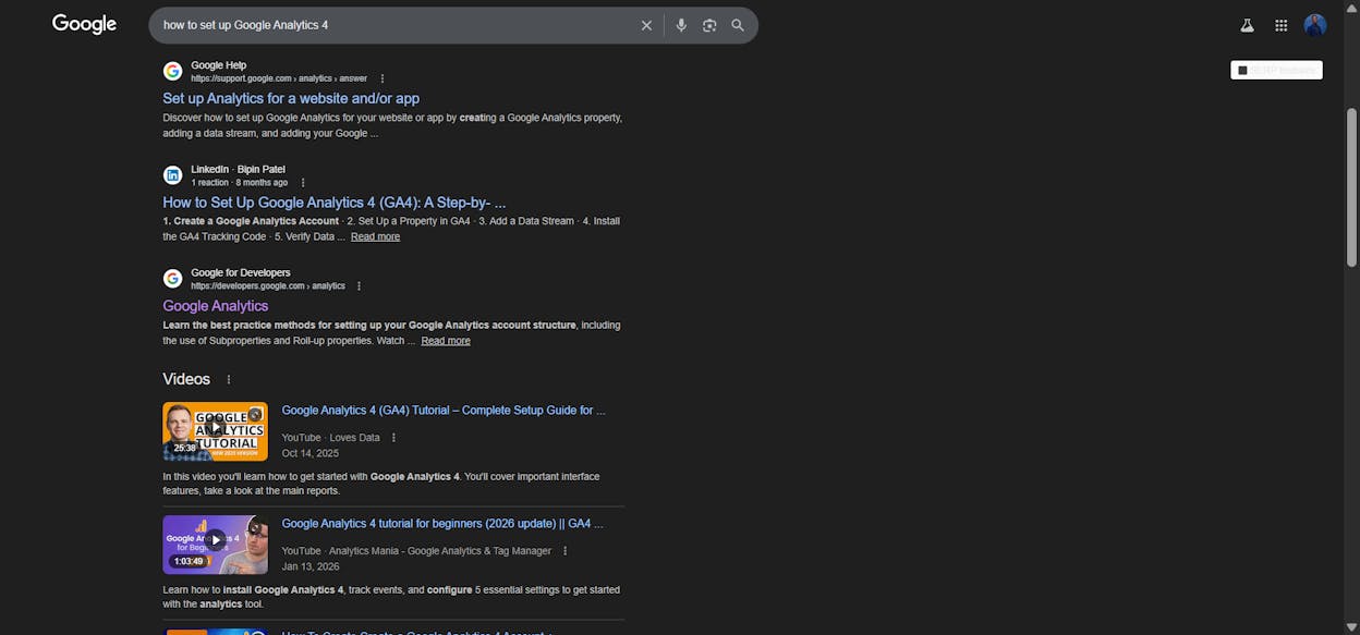 [Screenshot: Google SERP for &ldquo;how to set up Google Analytics 4&rdquo; showing video results from YouTube prominently displayed in a video carousel above organic results]
