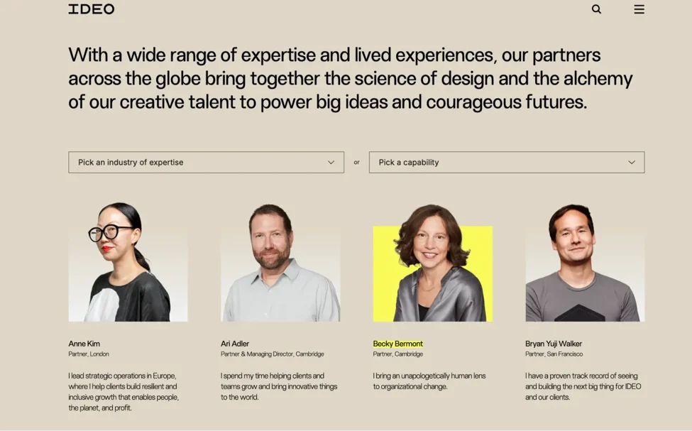 [Screenshot description: An example of a well-structured team profile page showing headshot, role, bio with expertise markers, and links to published work]
