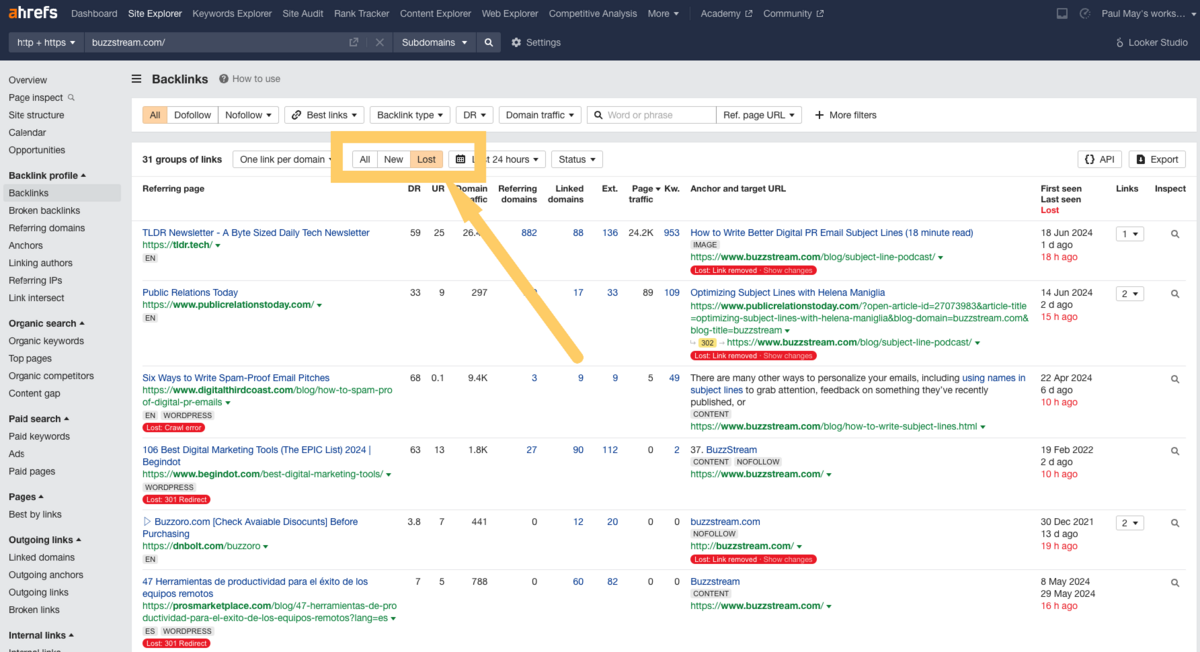 [Screenshot: Ahrefs interface showing a &ldquo;Link removed&rdquo; status example]