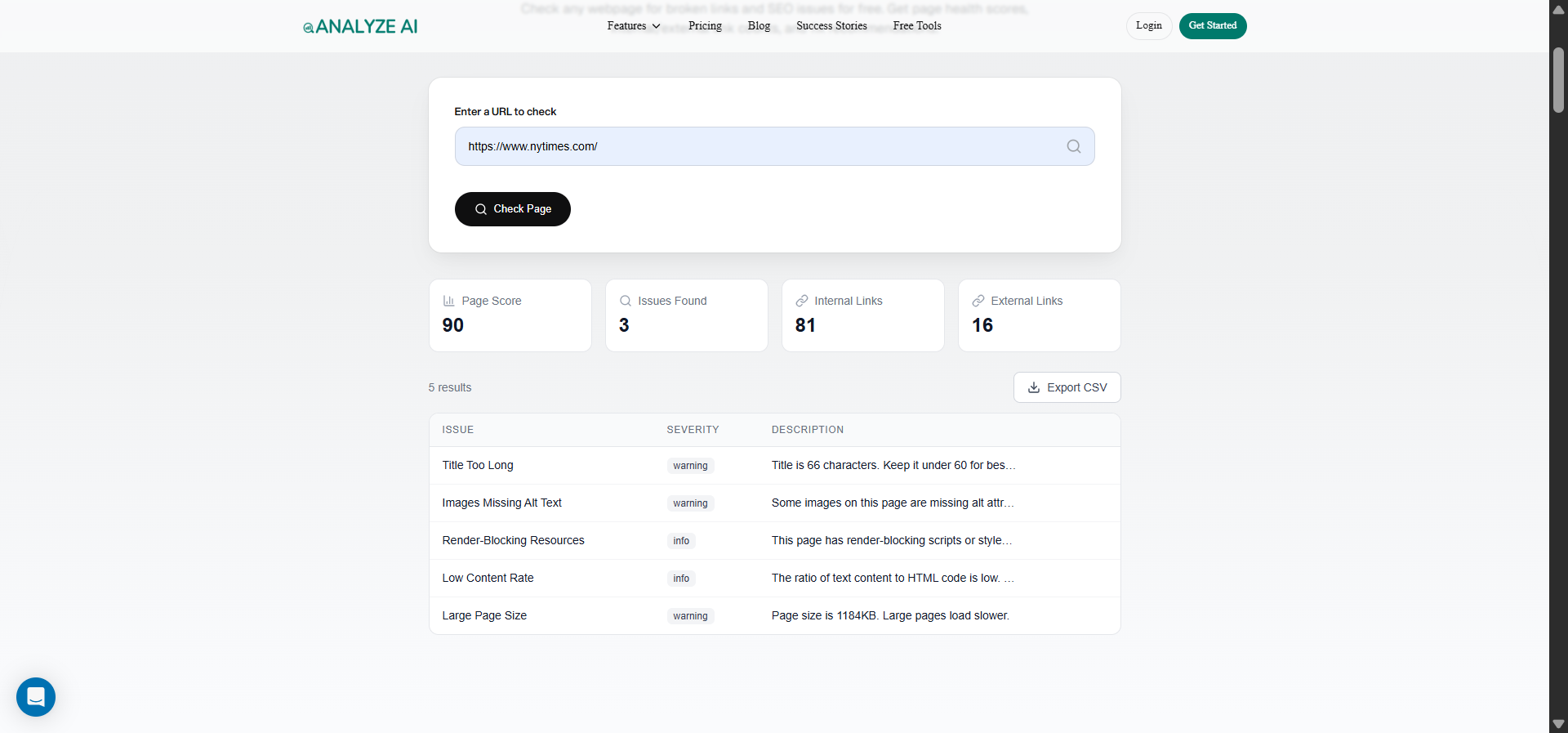 [Screenshot: Analyze AI Broken Link Checker tool results showing broken links found on a sample domain]