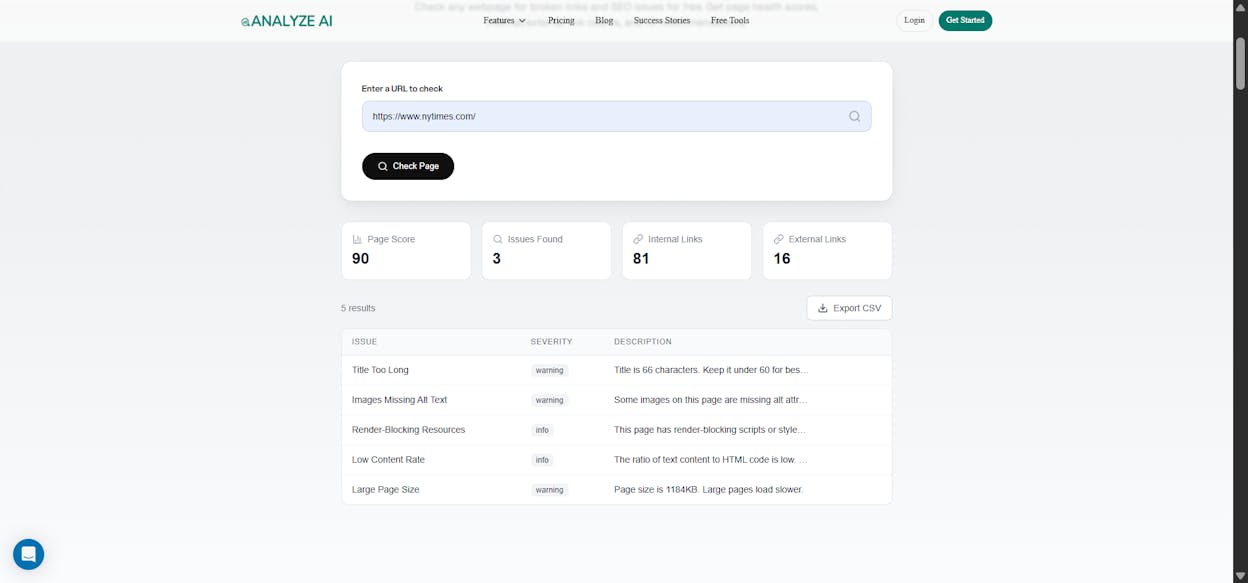 [Screenshot: Analyze AI Broken Link Checker tool results showing broken links found on a sample domain]