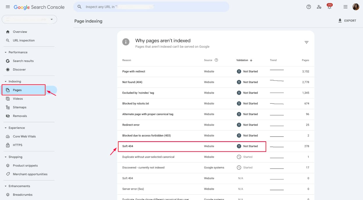 [Screenshot: Google Search Console showing 404 errors in the Pages report]