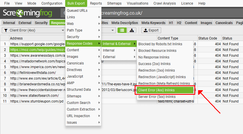 [Screenshot: Screaming Frog crawler showing broken link results filtered by 4xx status codes]