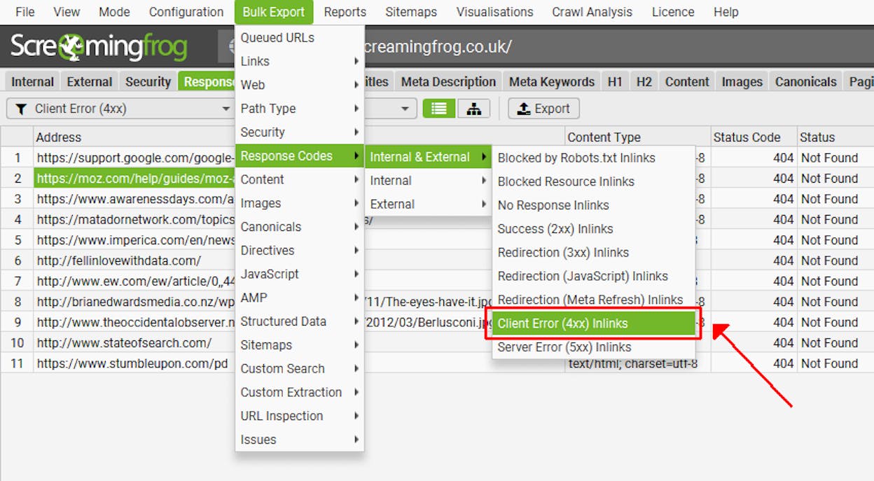 [Screenshot: Screaming Frog crawler showing broken link results filtered by 4xx status codes]