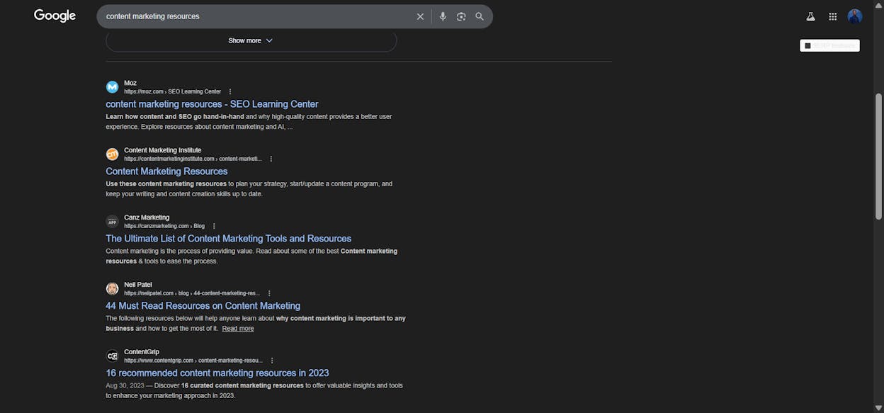 [Screenshot: Google search results for &ldquo;[topic] resources&rdquo; pages that could contain broken outbound links]