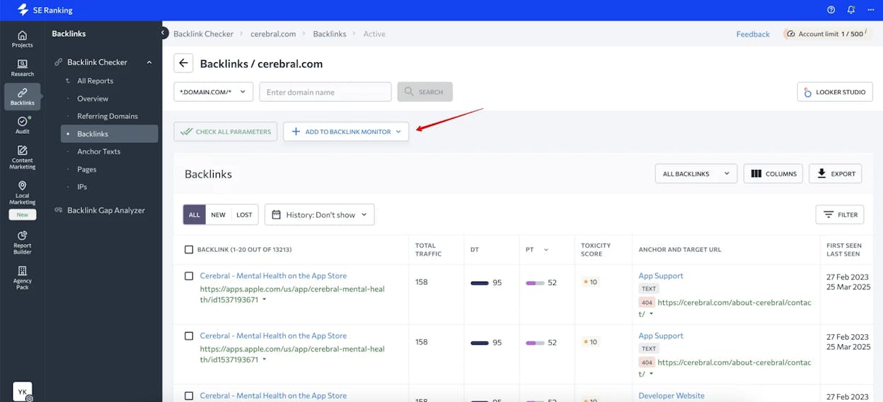 [Screenshot: SEO tool backlinks report showing referring pages that mention a competitor, sorted by page traffic, with URL filter set to &ldquo;tool&rdquo;]