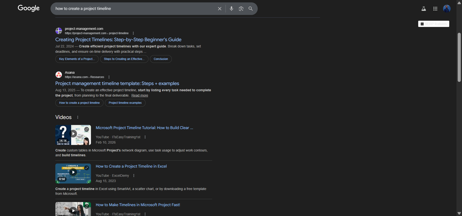 [Screenshot: Google SERP for &ldquo;how to create a project timeline&rdquo; showing blog posts and tutorials as the top results]