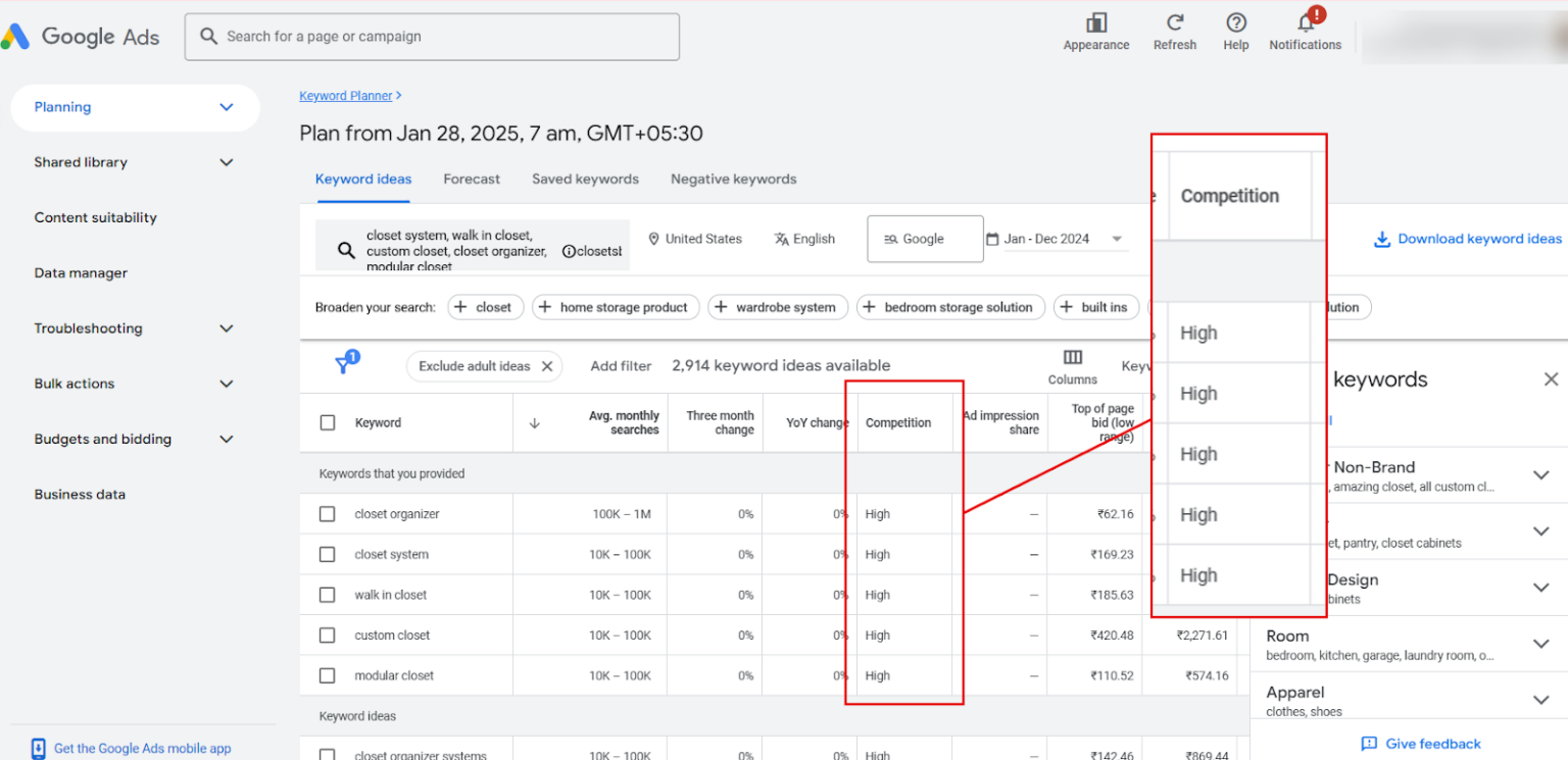 [Screenshot: Google Ads Keyword Planner showing a list of keywords with average monthly searches, competition level, and CPC estimates]
