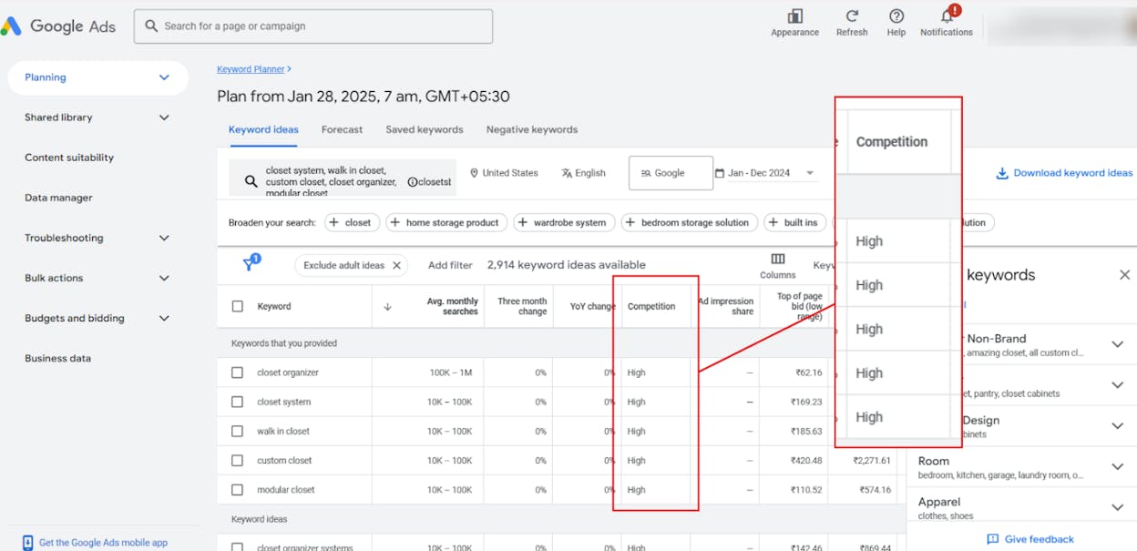 [Screenshot: Google Ads Keyword Planner showing a list of keywords with average monthly searches, competition level, and CPC estimates]