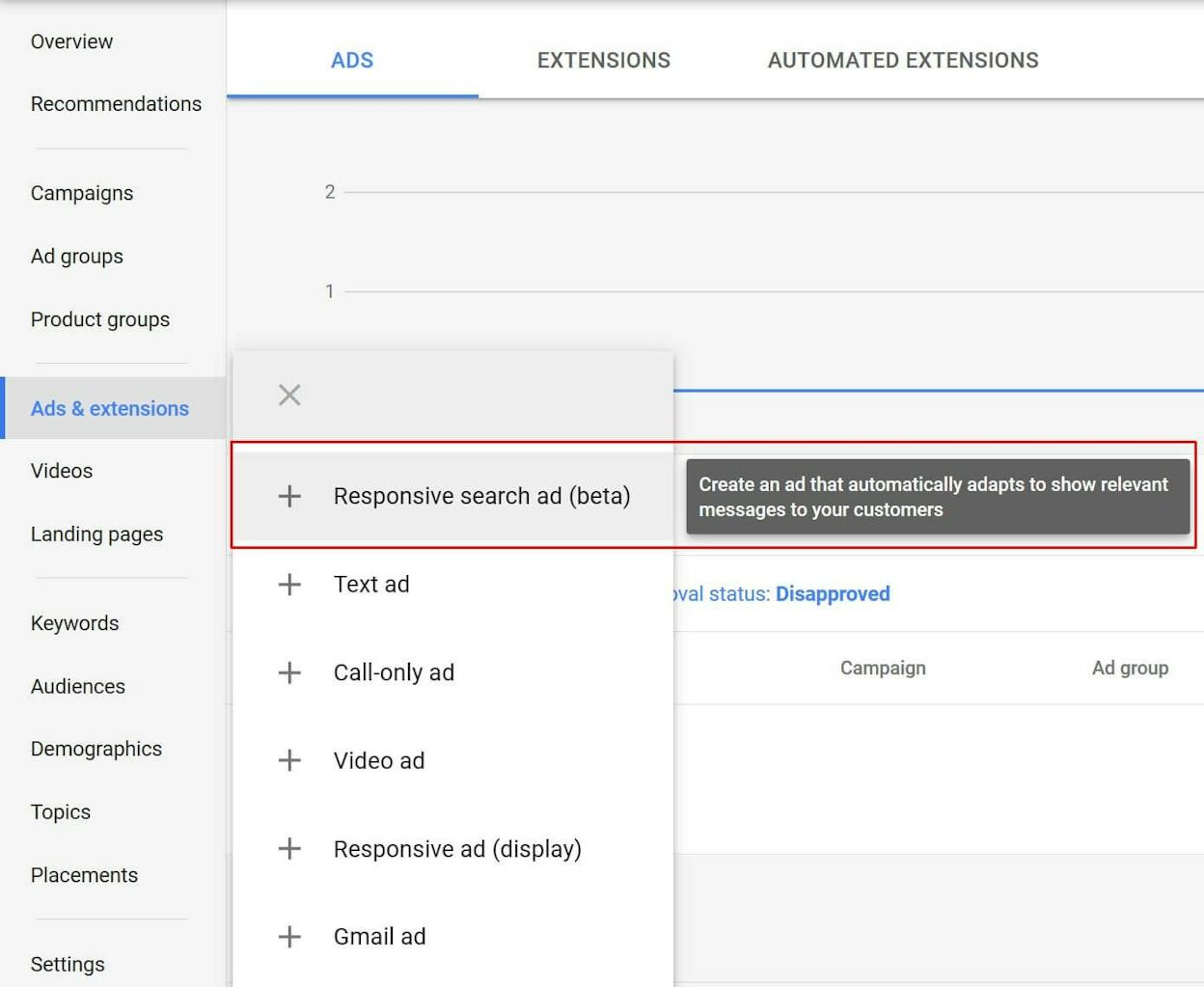 [Screenshot: Google Ads interface showing the responsive search ad creation screen with multiple headlines and descriptions]