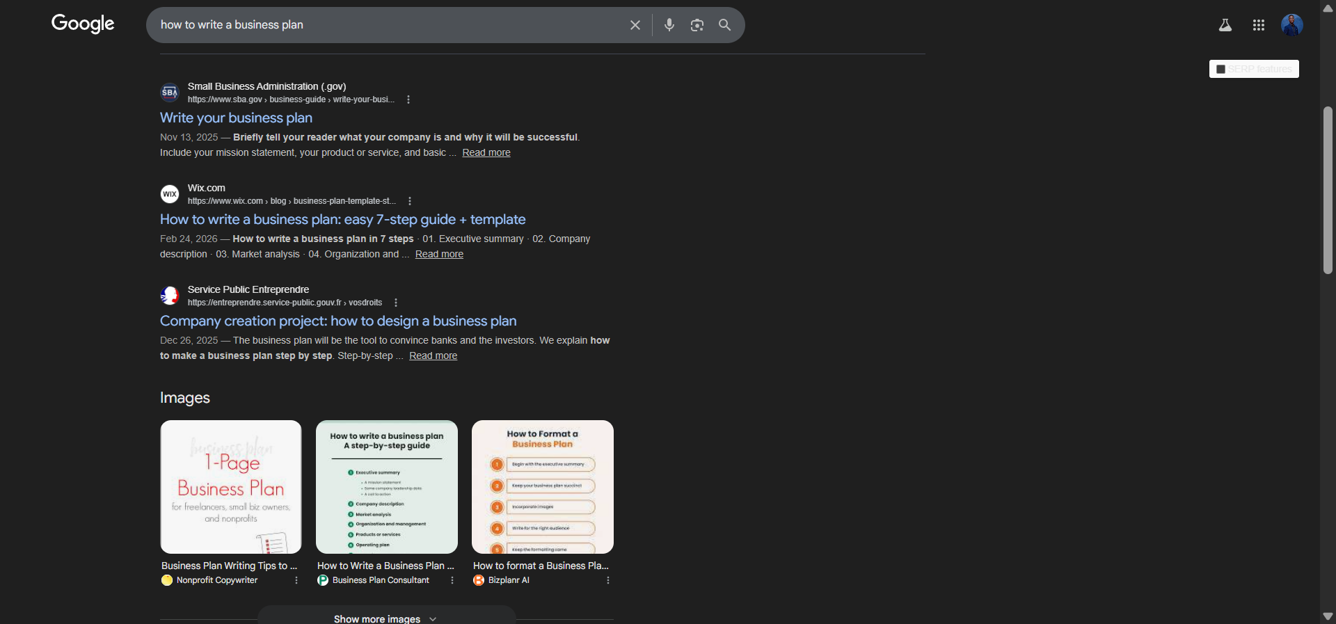 [Screenshot: A SERP for an informational query like &ldquo;how to write a business plan&rdquo; showing that all top results are blog posts and guides, not product pages]