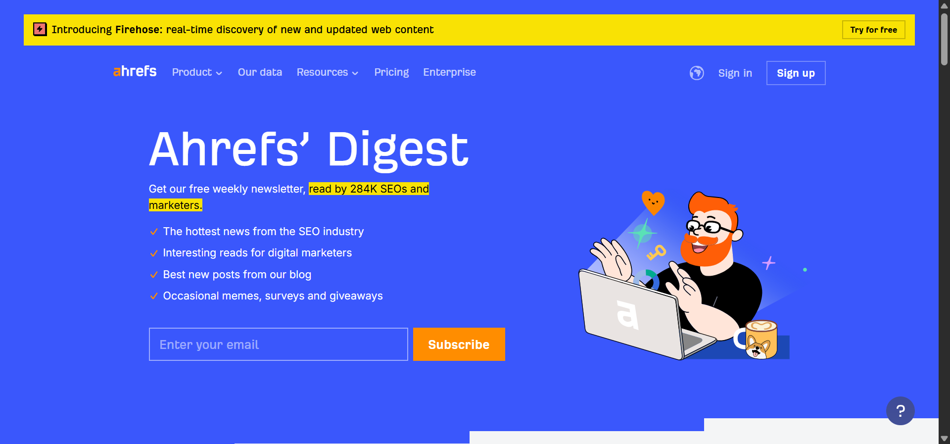 [Screenshot of the Ahrefs&rsquo; Digest email showing the curated article list with descriptions]