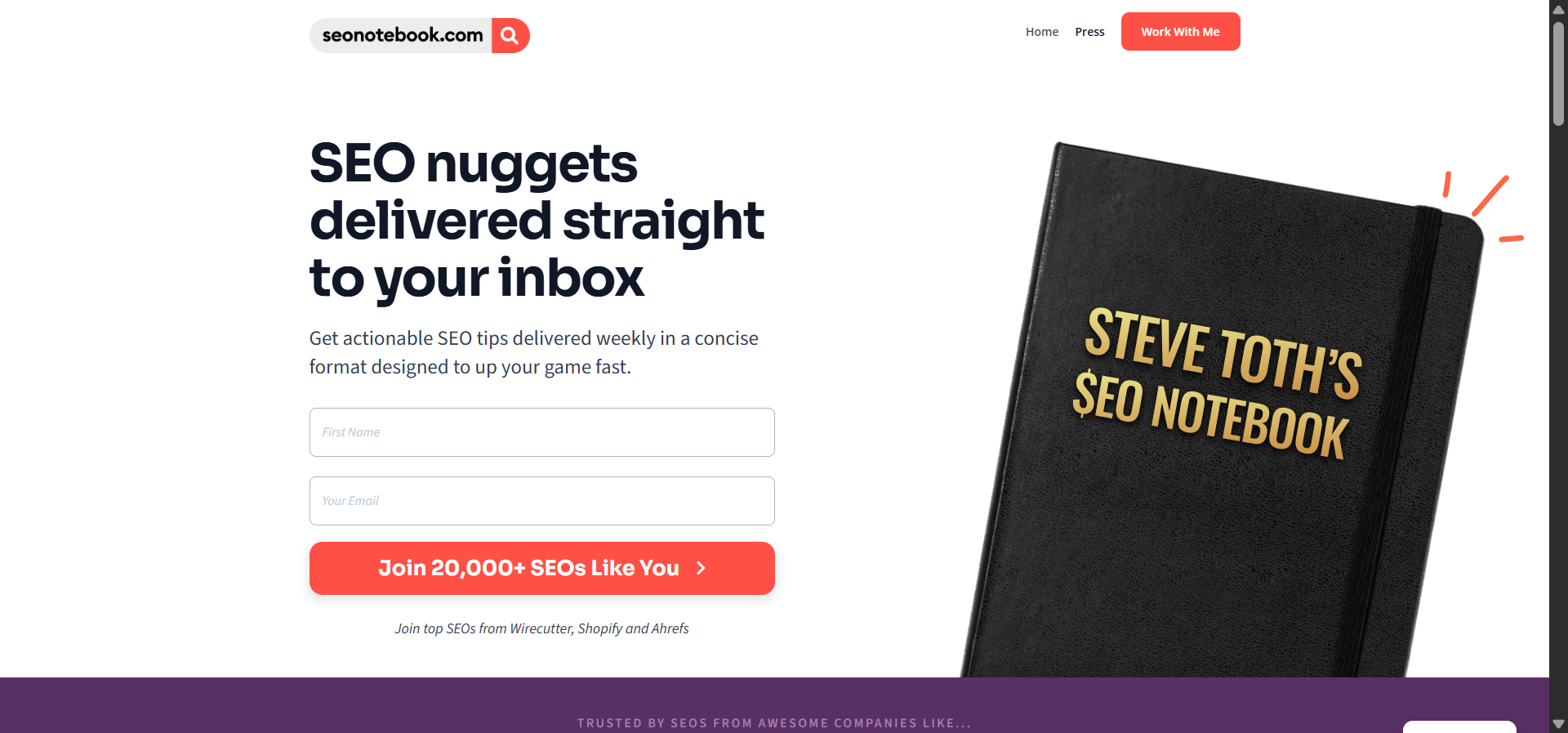 [Screenshot of the SEO Notebook email showing the tactical format with specific tips]