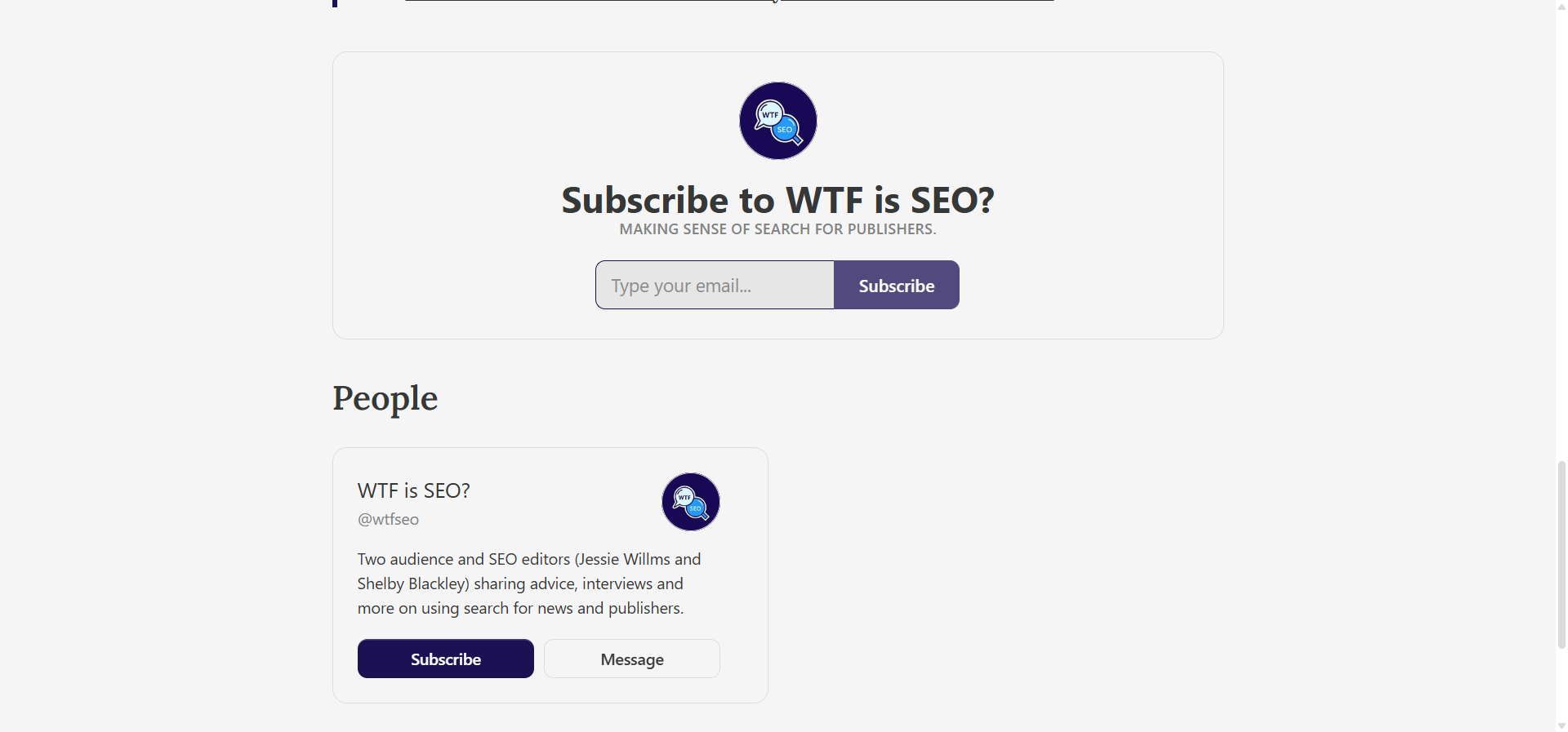 [Screenshot of the WTF is SEO? newsletter showing publisher-specific content]