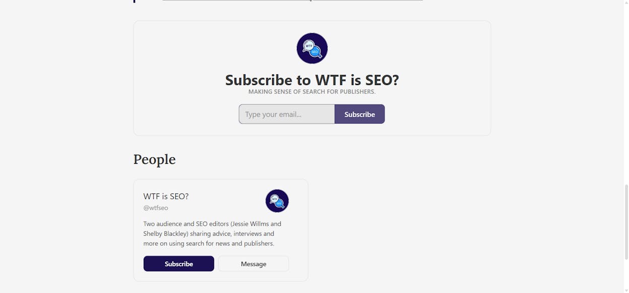 [Screenshot of the WTF is SEO? newsletter showing publisher-specific content]