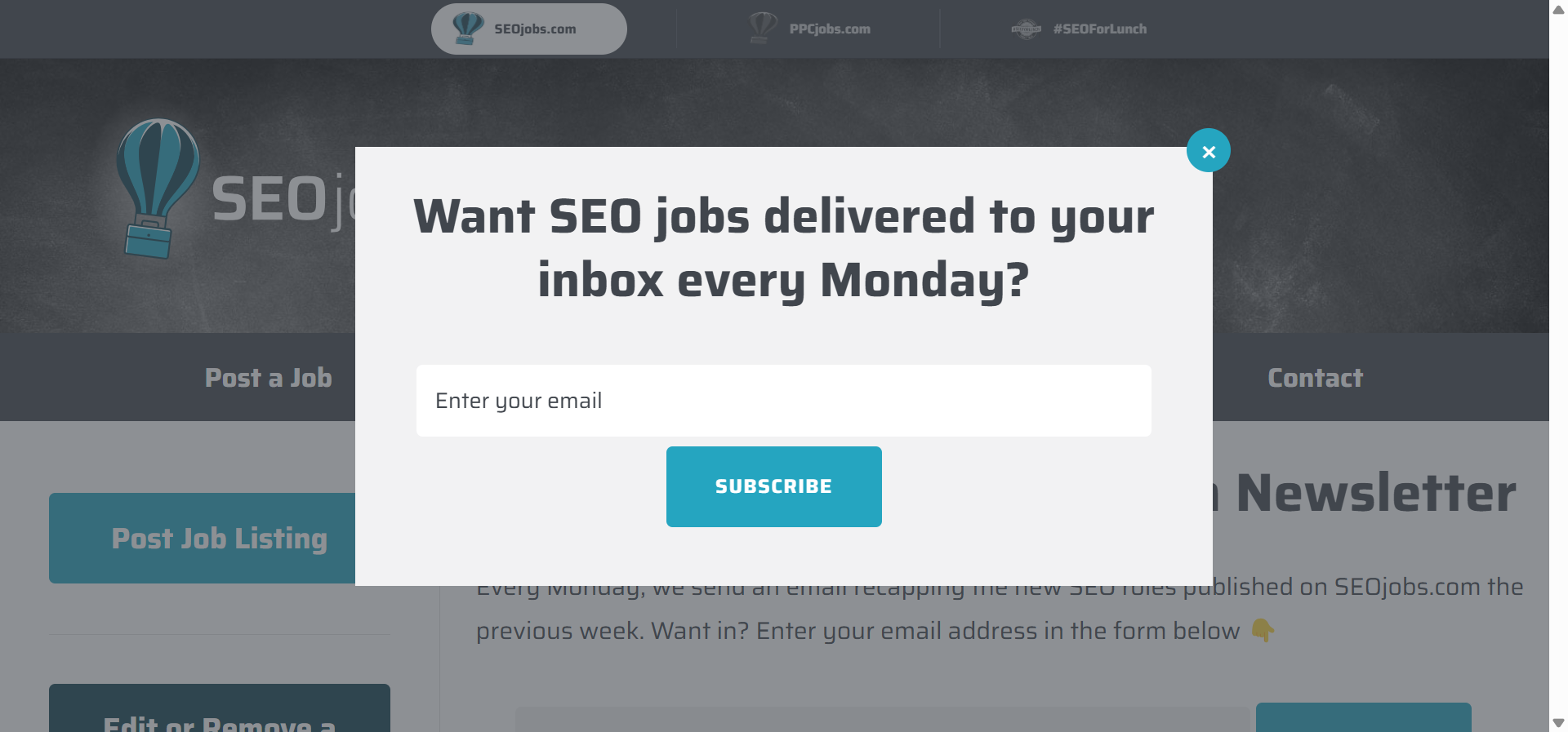 [Screenshot of the SEO Jobs newsletter showing job listings]
