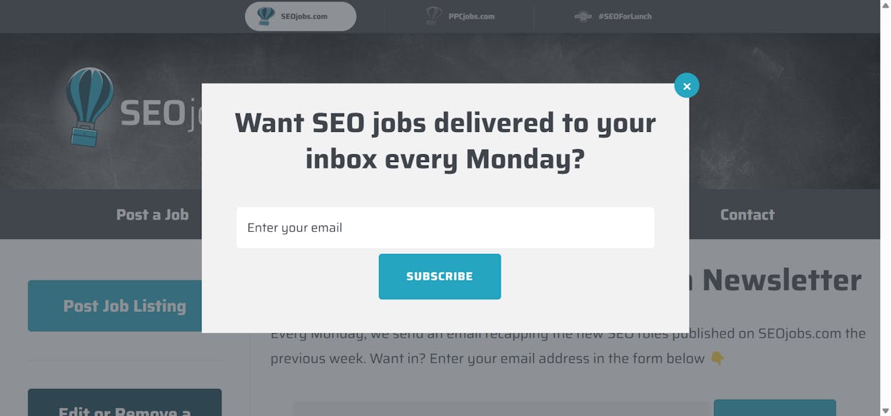 [Screenshot of the SEO Jobs newsletter showing job listings]