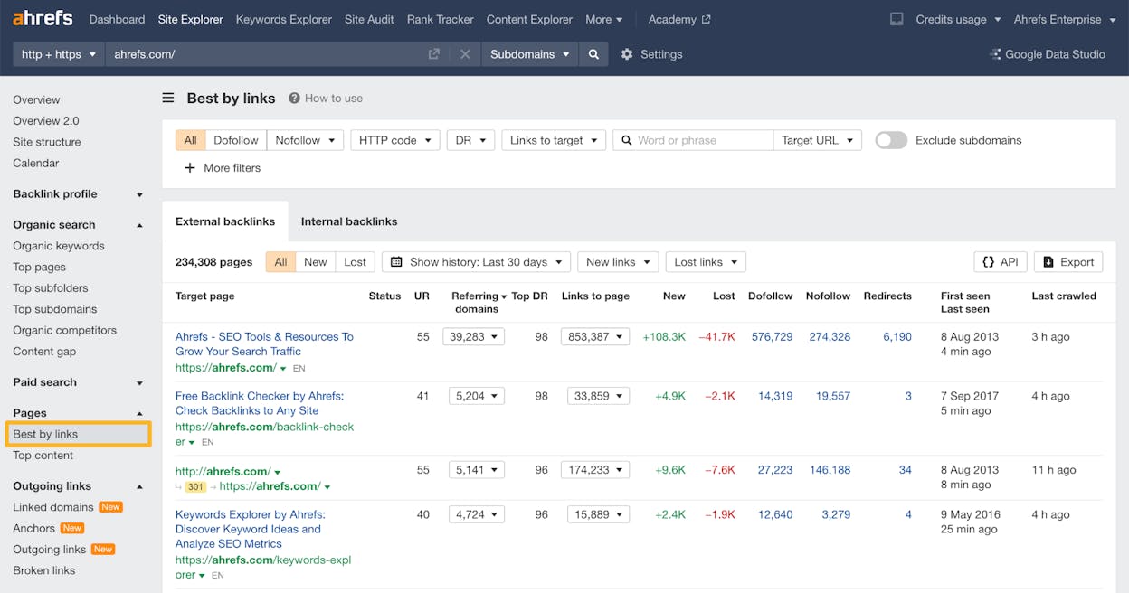 [Screenshot: Entering a competitor domain into a backlink checker tool and viewing &ldquo;Best by backlinks&rdquo; or &ldquo;Top pages by links&rdquo; report]