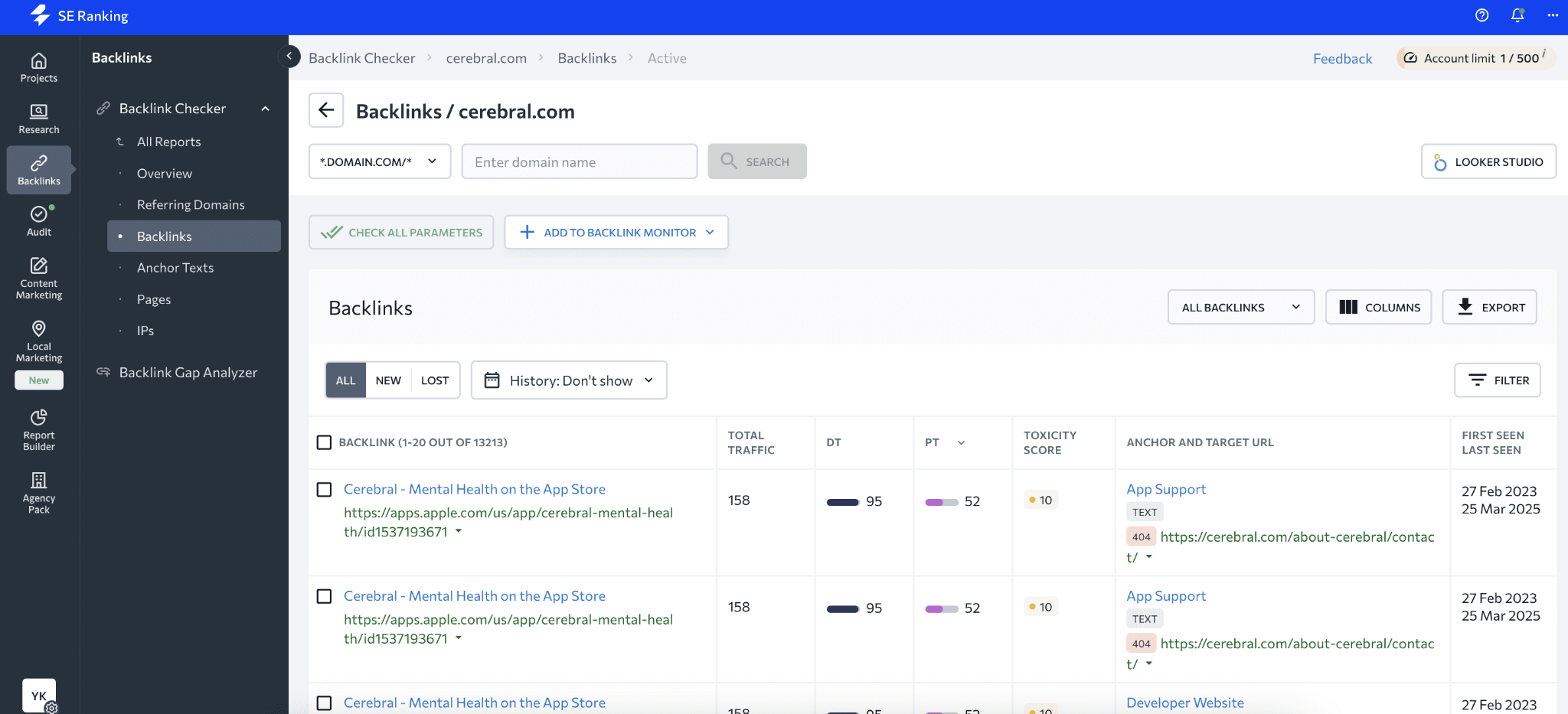 [Screenshot: Backlinks report for the target URL showing list of linking domains with columns for DR, traffic, anchor text]