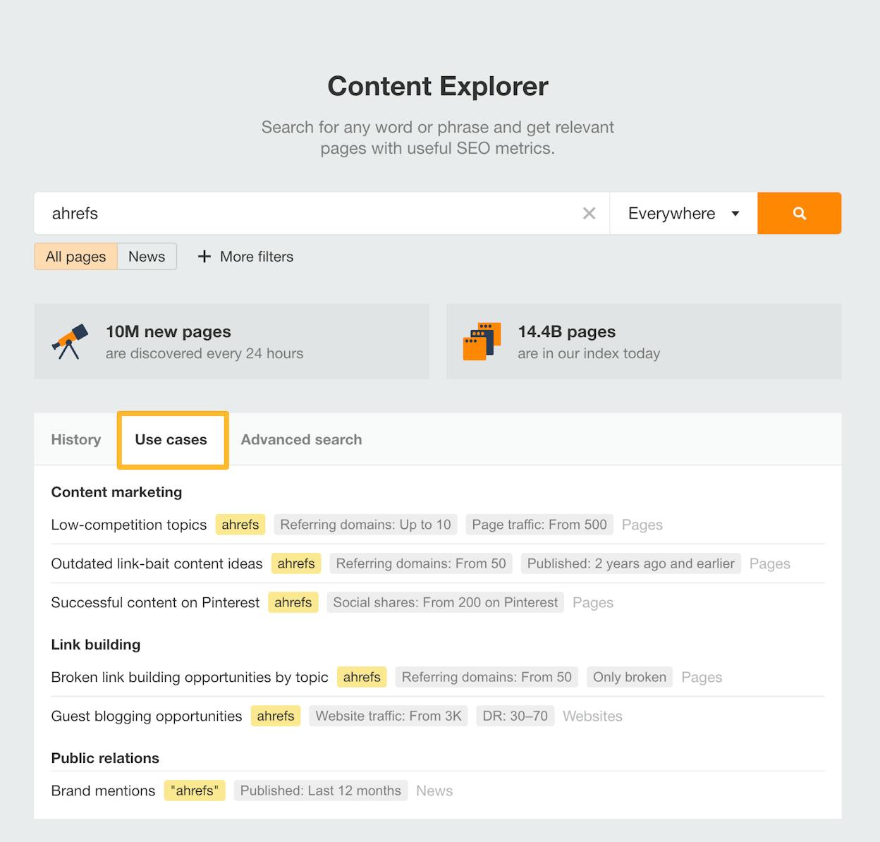 [Screenshot: Content explorer showing results for the target keyword filtered by referring domains, to find additional prospect sources]