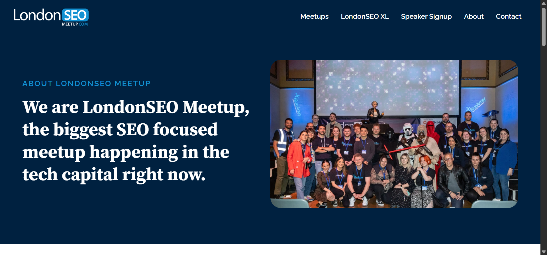 [Screenshot description: LondonSEO Meetup event photo showing attendees networking]