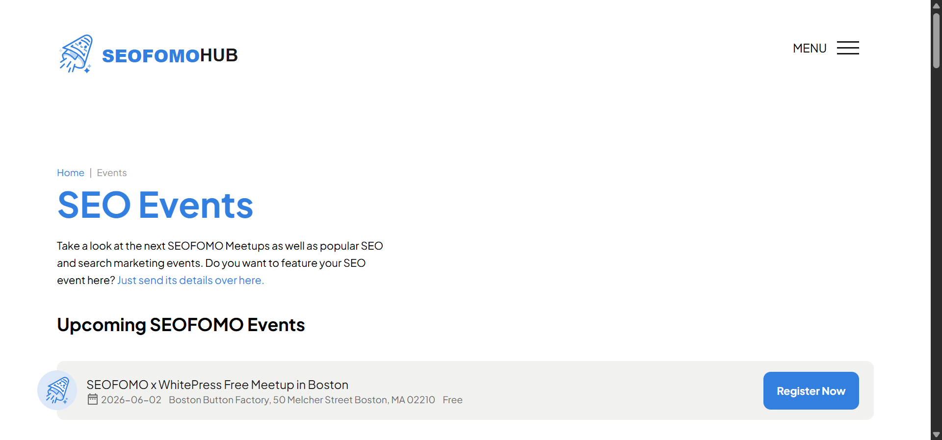 [Screenshot description: SEOFOMO meetup photo showing attendees networking]