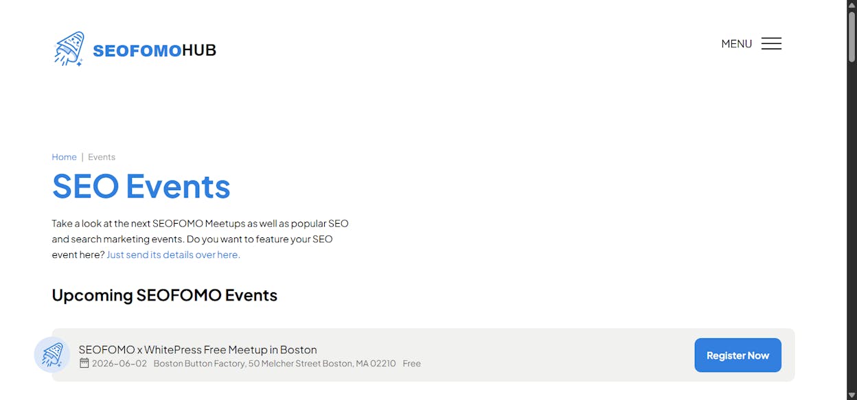 [Screenshot description: SEOFOMO meetup photo showing attendees networking]