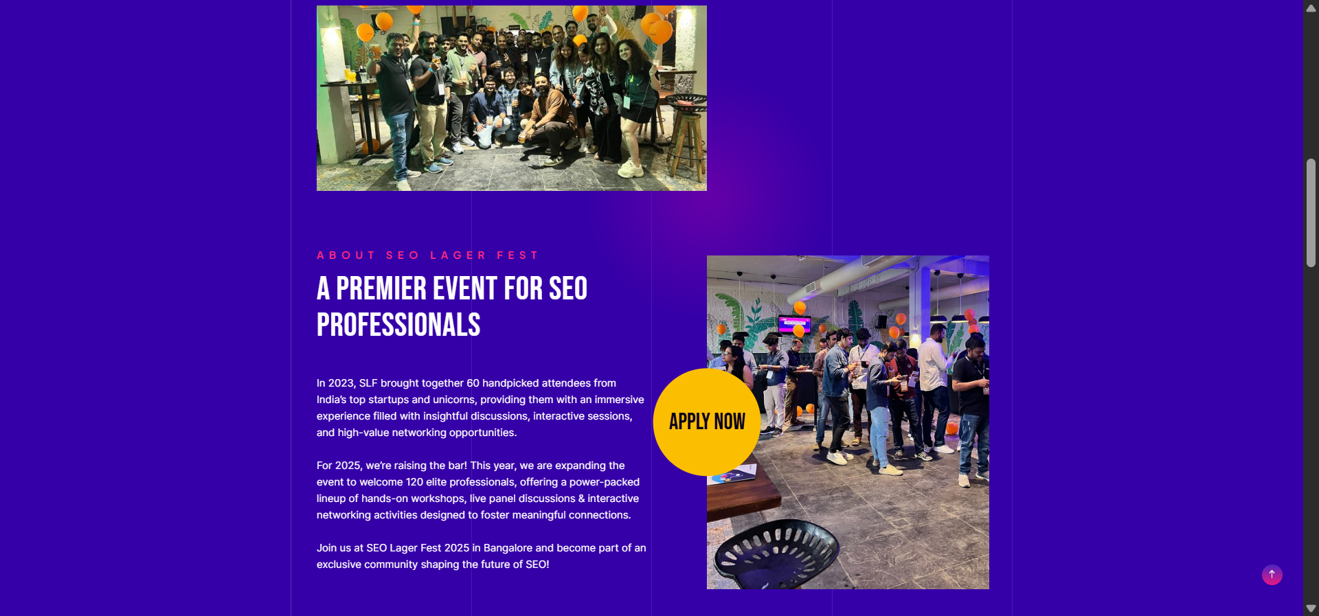 [Screenshot description: SEO Lager Fest meetup photo showing attendees at event]