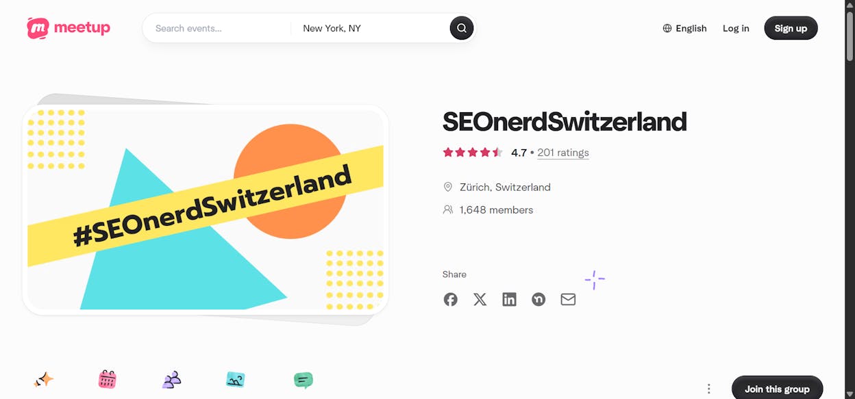 [Screenshot description: SEOnerdSwitzerland meetup photo showing group]