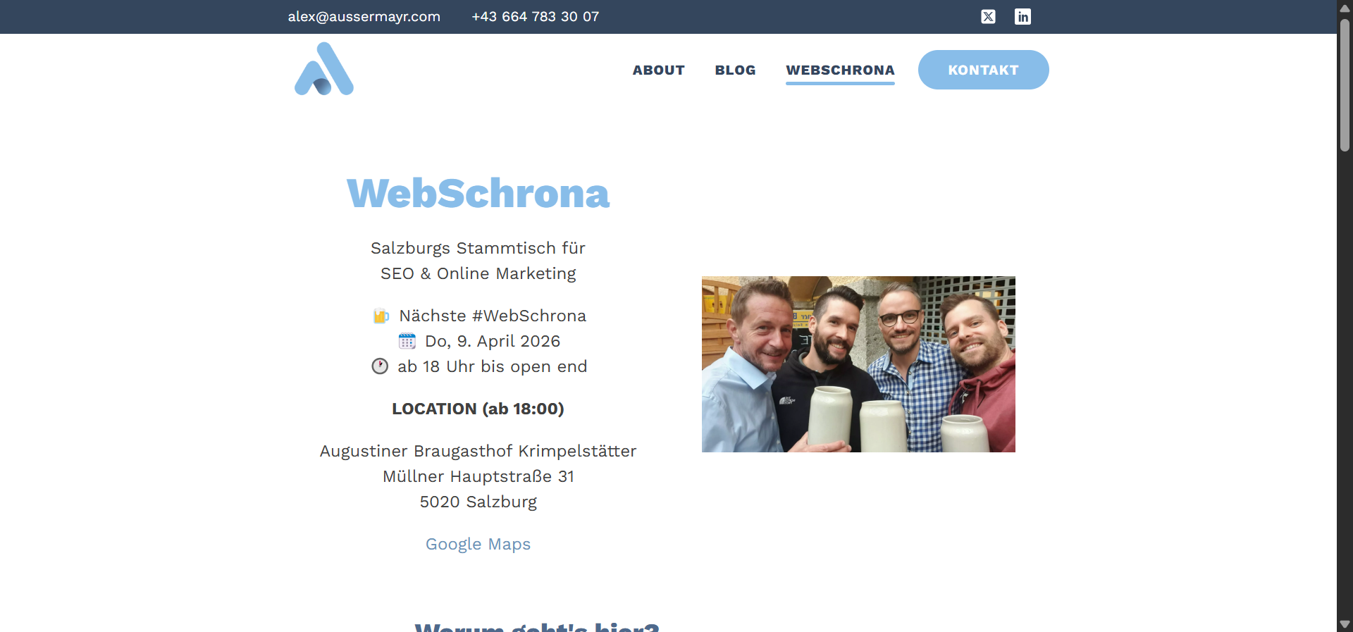 [Screenshot description: WebSchrona meetup photo in Salzburg, Austria]