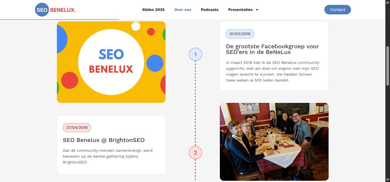 [Screenshot description: SEO Benelux meetup photo showing large group of attendees]