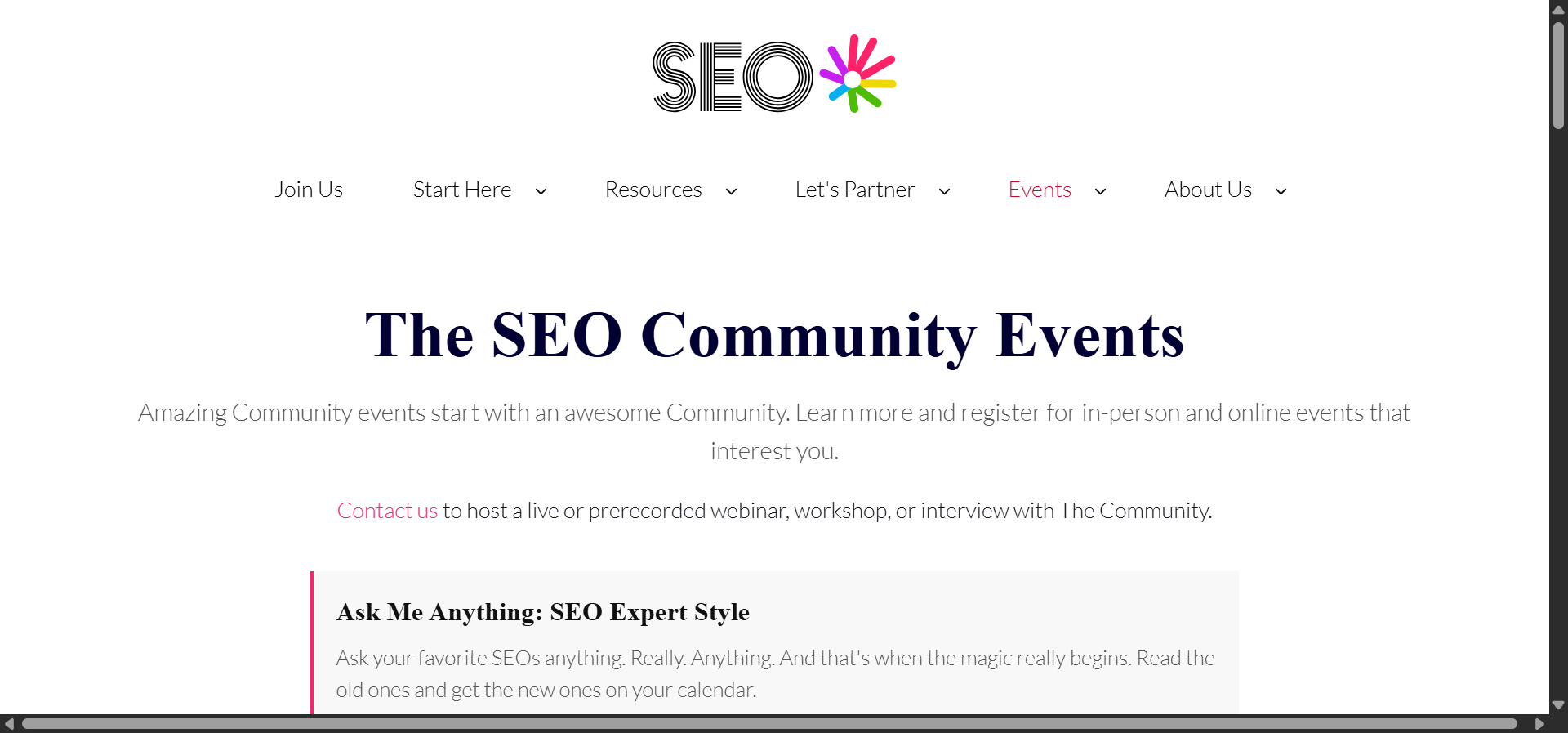 [Screenshot description: The SEO Community website showing meetup listings]
