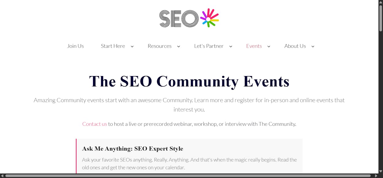 [Screenshot description: The SEO Community website showing meetup listings]