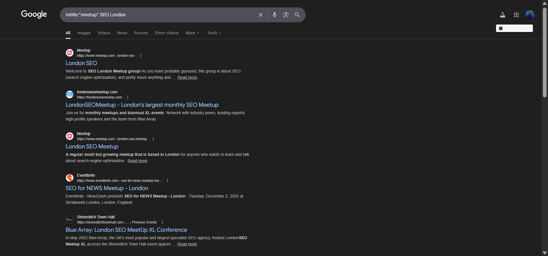 [Screenshot description: Google search results page showing results for intitle:&ldquo;meetup&rdquo; SEO London]